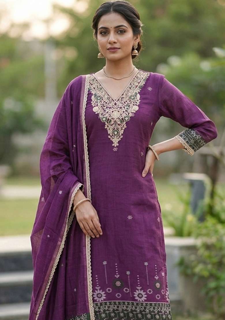 Purple Weaving Work Cotton Material Suit Set - Indya