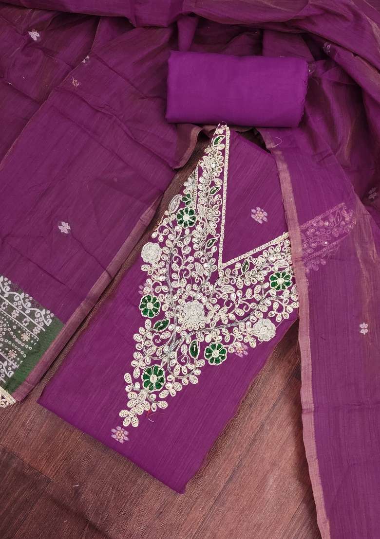 Purple Weaving Work Cotton Material Suit Set - Indya