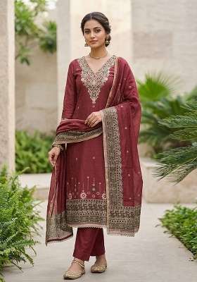 Maroon Weaving Work Cotton Material Suit Set