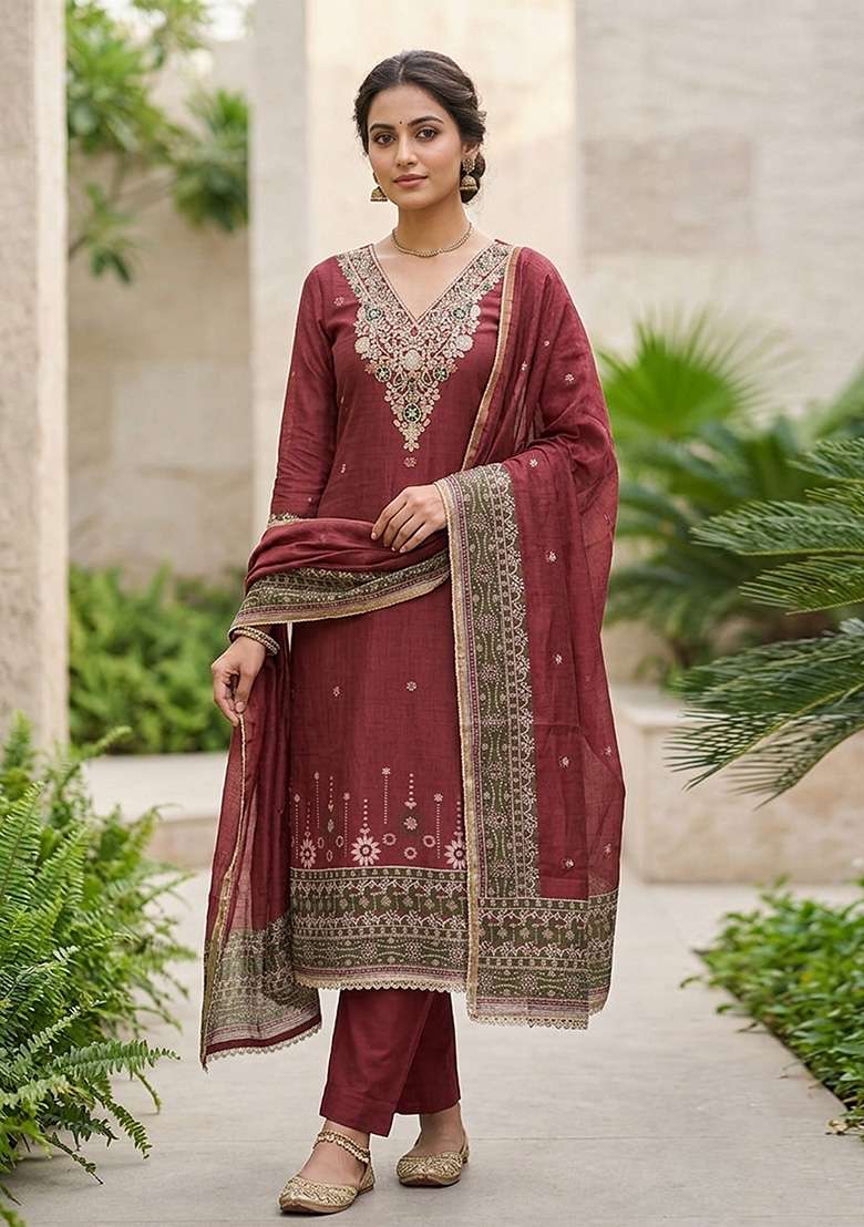 Maroon Weaving Work Cotton Material Suit Set - Indya