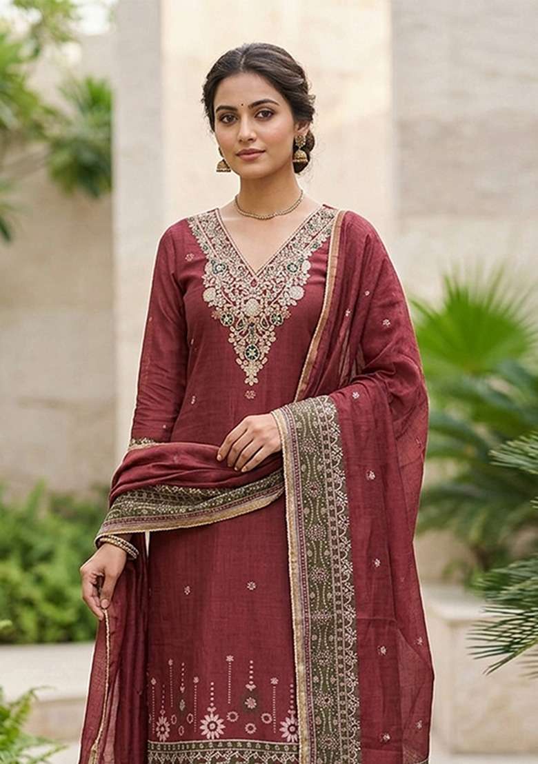 Maroon Weaving Work Cotton Material Suit Set - Indya
