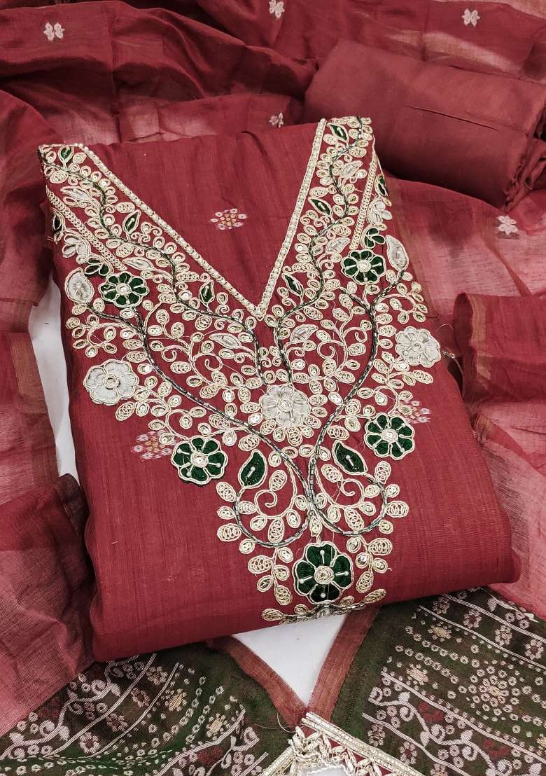 Maroon Weaving Work Cotton Material Suit Set - Indya