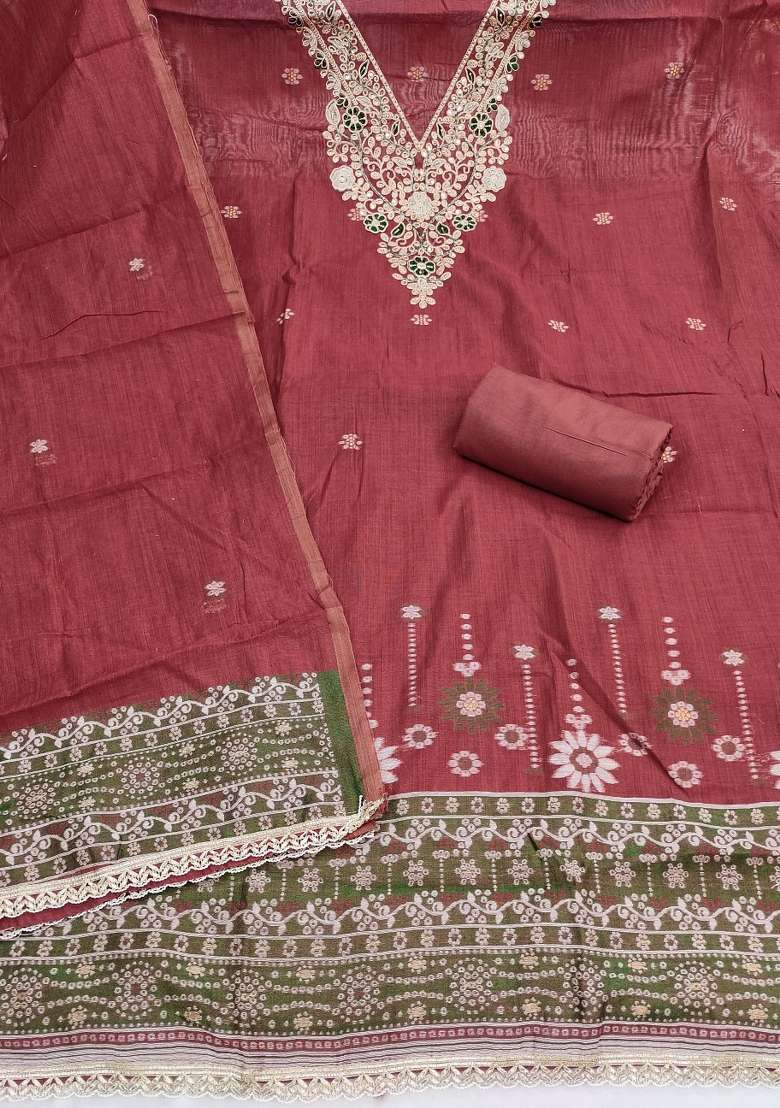Maroon Weaving Work Cotton Material Suit Set - Indya