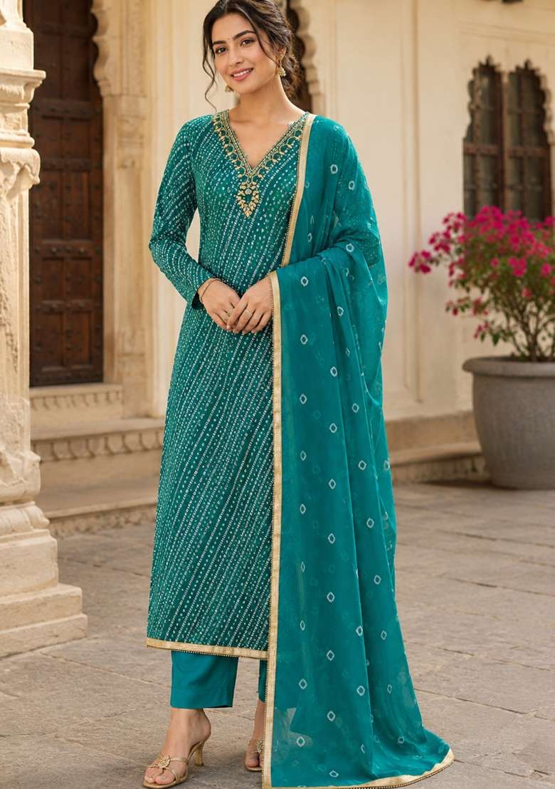 Sea Green Printed Cotton Material Suit Set - Indya