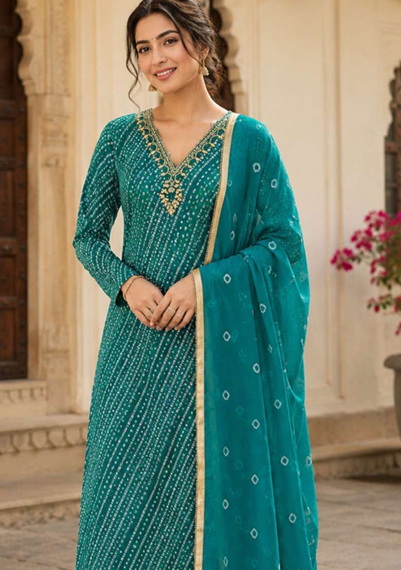 Sea Green Printed Cotton Material Suit Set - Indya