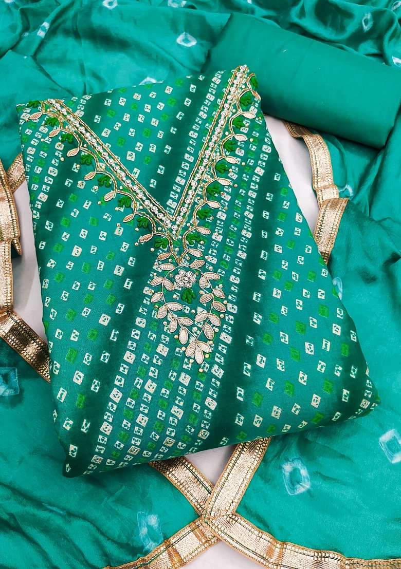 Sea Green Printed Cotton Material Suit Set - Indya