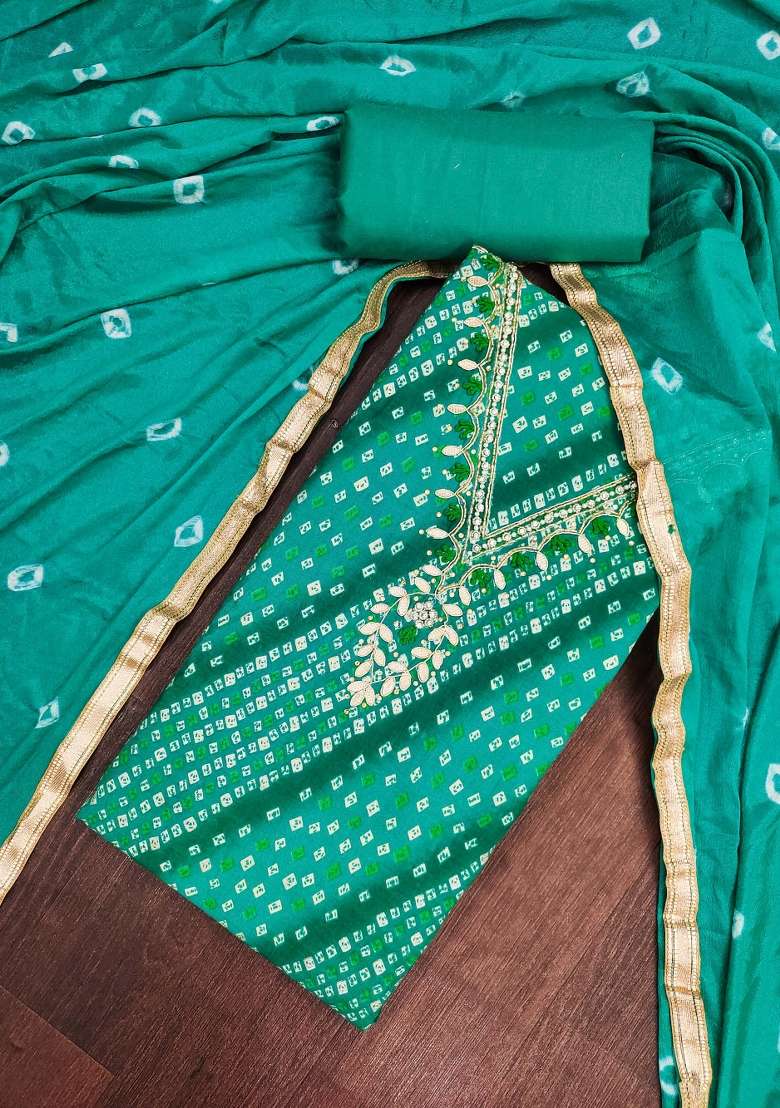 Sea Green Printed Cotton Material Suit Set - Indya