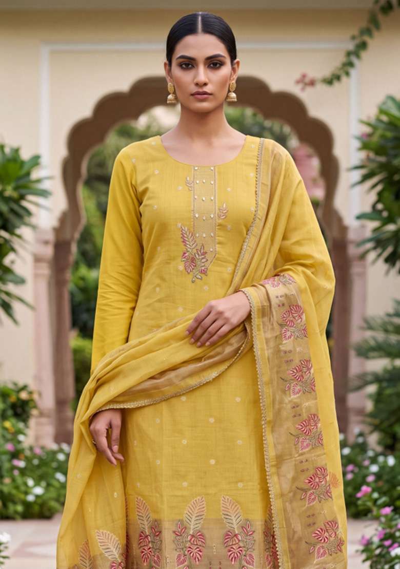 Light Green Weaving Work Cotton Material Suit Set - Indya