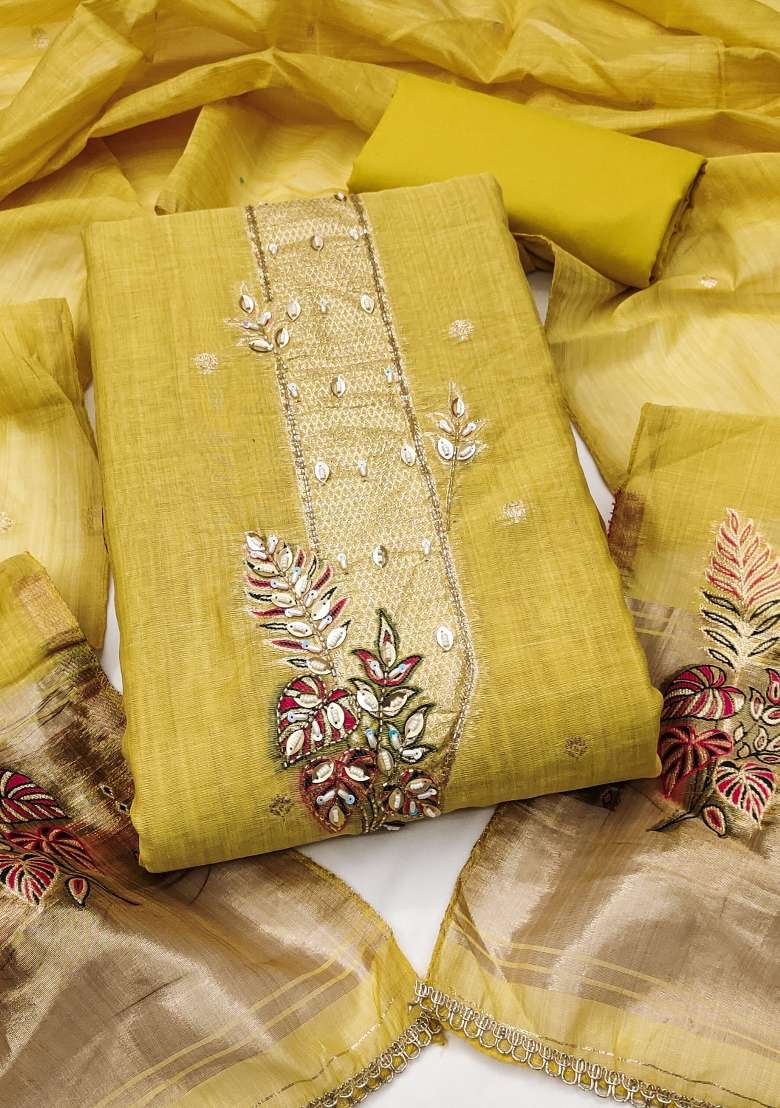 Light Green Weaving Work Cotton Material Suit Set - Indya
