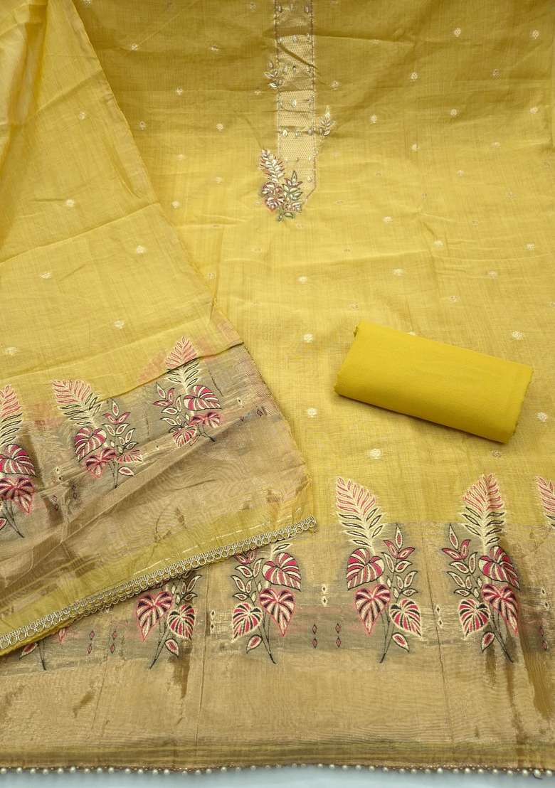 Light Green Weaving Work Cotton Material Suit Set - Indya