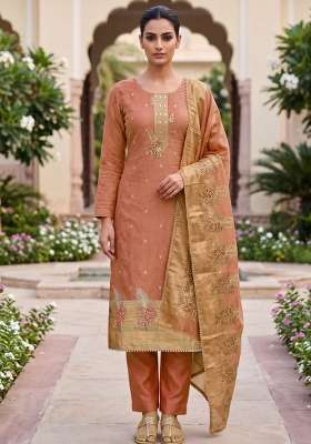 Peach Weaving Work Cotton Material Suit Set