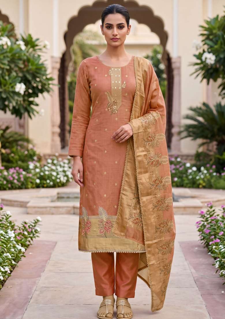 Peach Weaving Work Cotton Material Suit Set - Indya