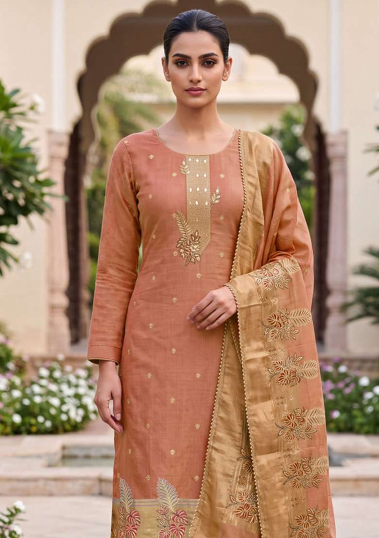 Peach Weaving Work Cotton Material Suit Set - Indya