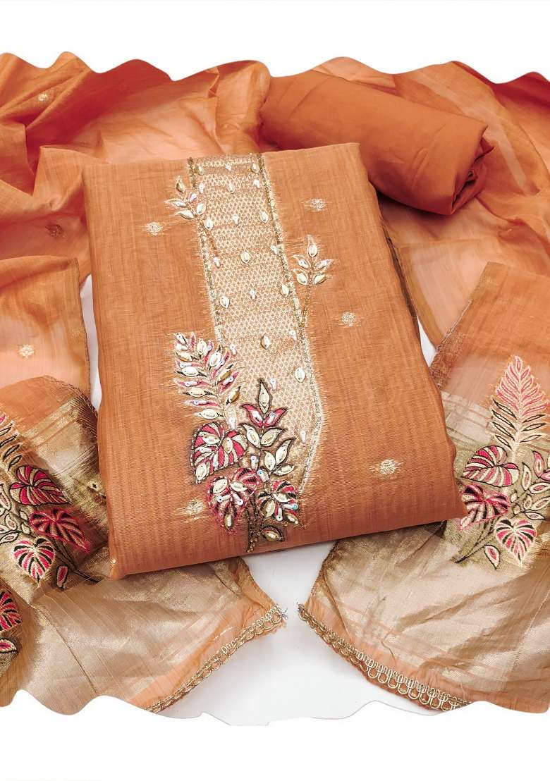 Peach Weaving Work Cotton Material Suit Set - Indya