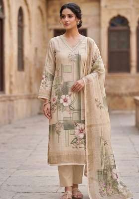 Beige Printed Cotton Material Suit Set