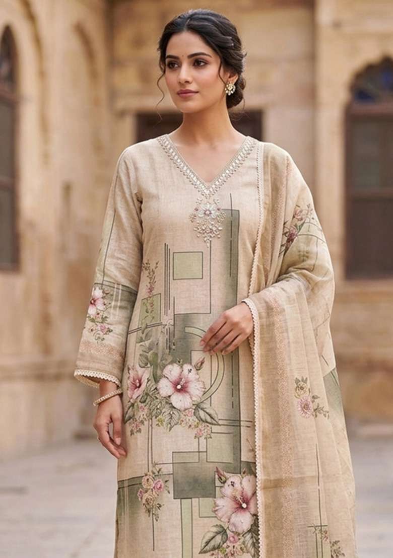 Beige Printed Cotton Material Suit Set - Indya
