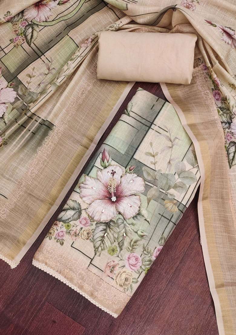 Beige Printed Cotton Material Suit Set - Indya