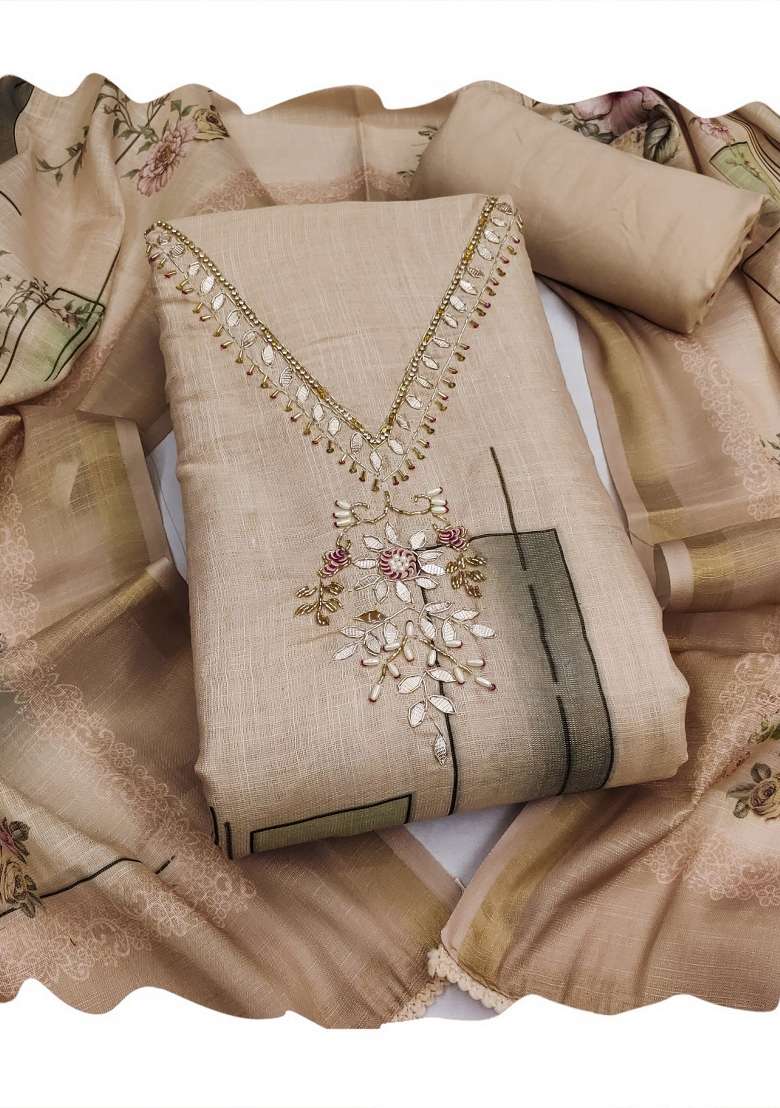 Beige Printed Cotton Material Suit Set - Indya