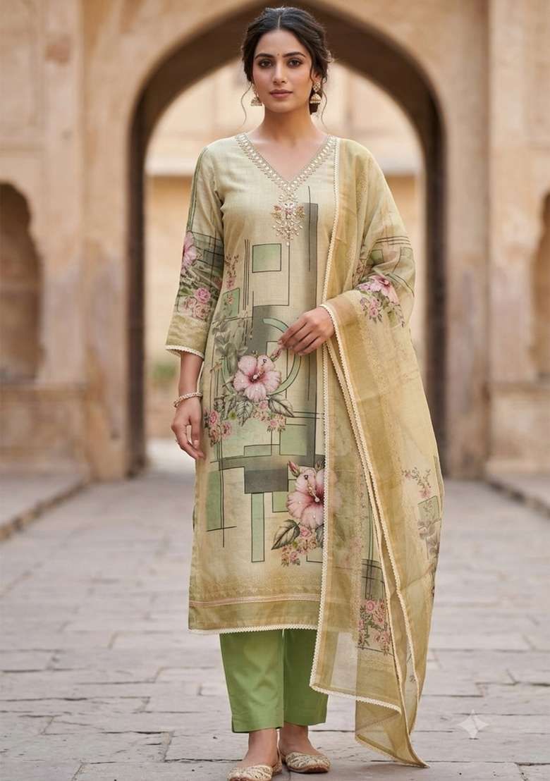 Light Green Printed Cotton Material Suit Set - Indya