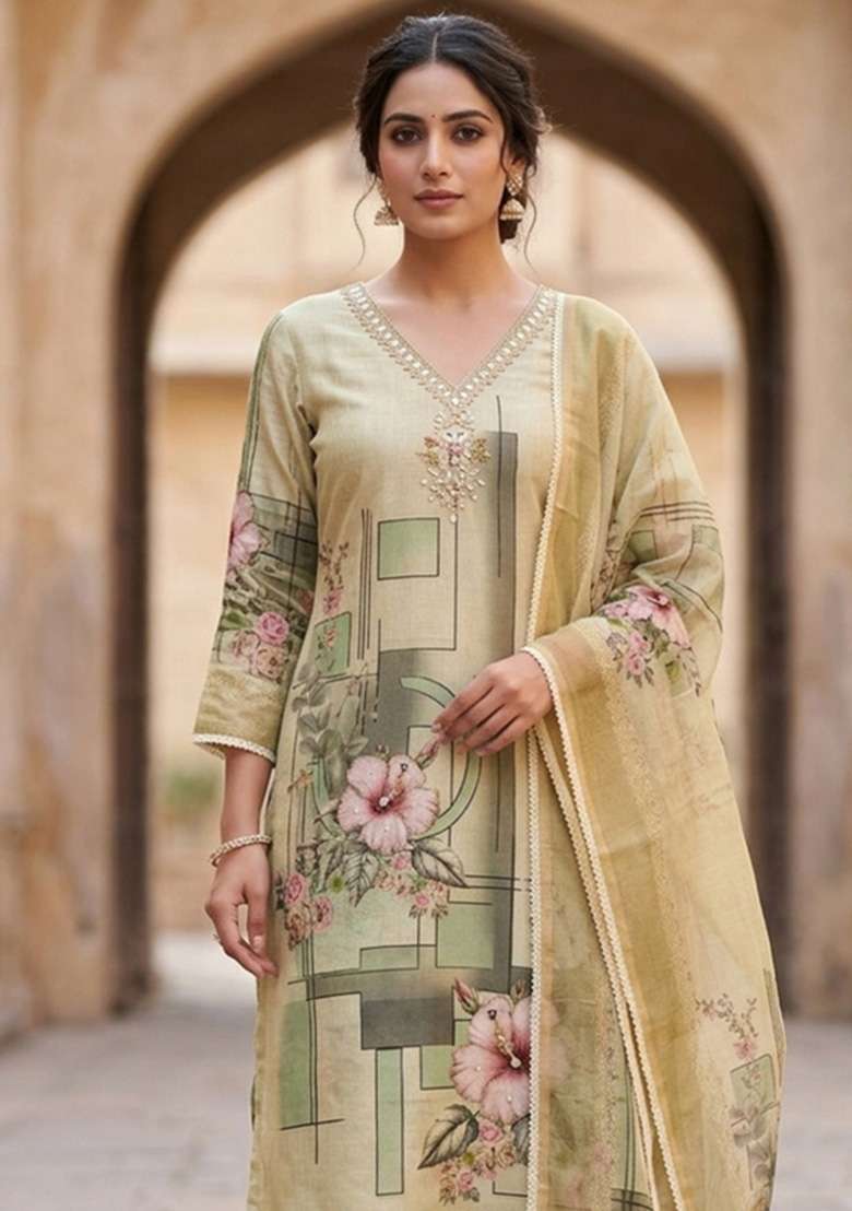Light Green Printed Cotton Material Suit Set - Indya