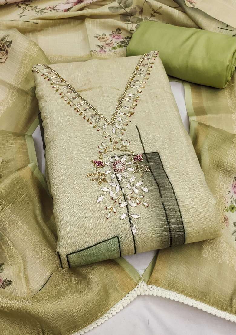 Light Green Printed Cotton Material Suit Set - Indya