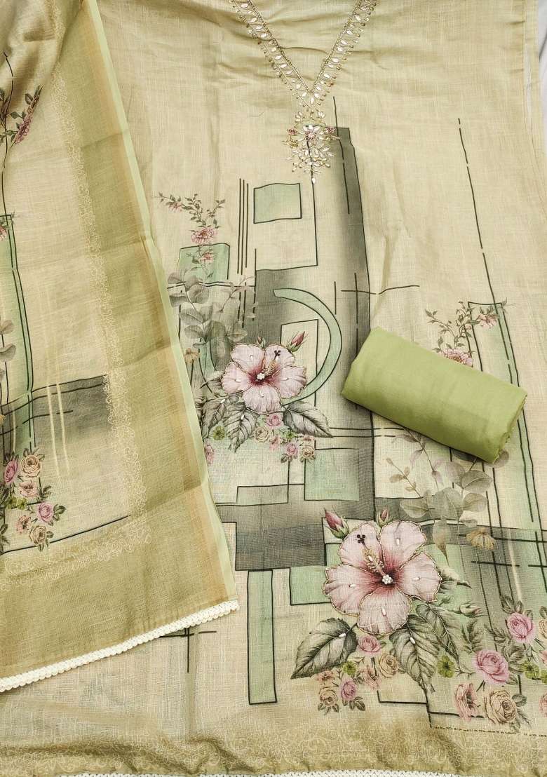 Light Green Printed Cotton Material Suit Set - Indya