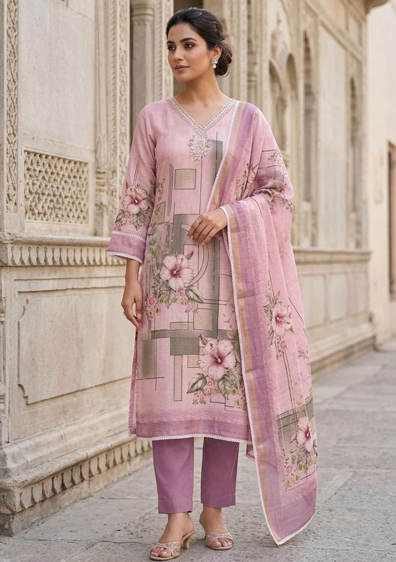 Purple Printed Cotton Material Suit Set - Indya