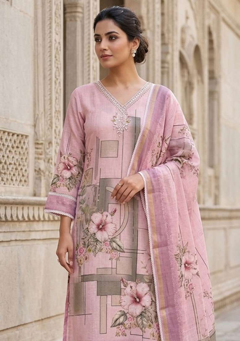 Purple Printed Cotton Material Suit Set - Indya