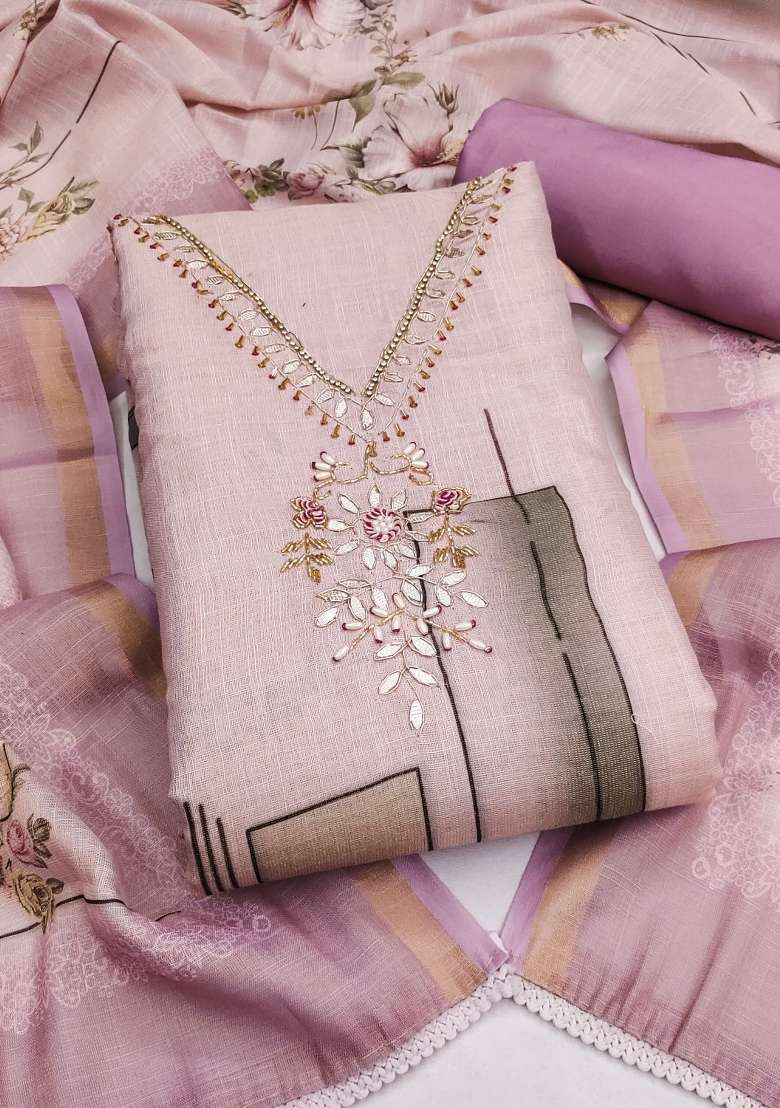 Purple Printed Cotton Material Suit Set - Indya