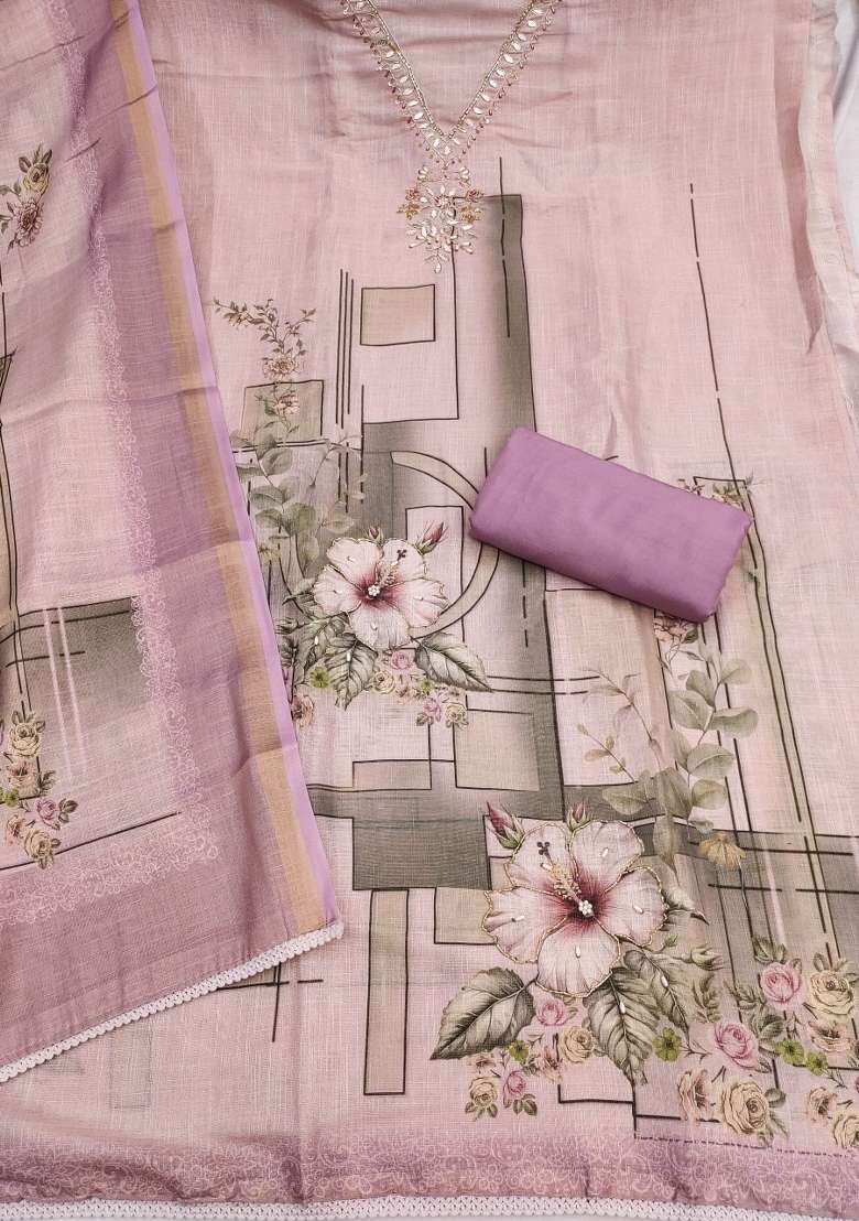 Purple Printed Cotton Material Suit Set - Indya