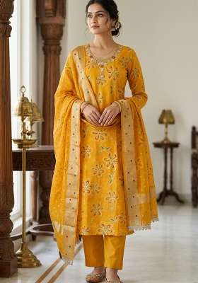Yellow Printed Cotton Material Suit Set