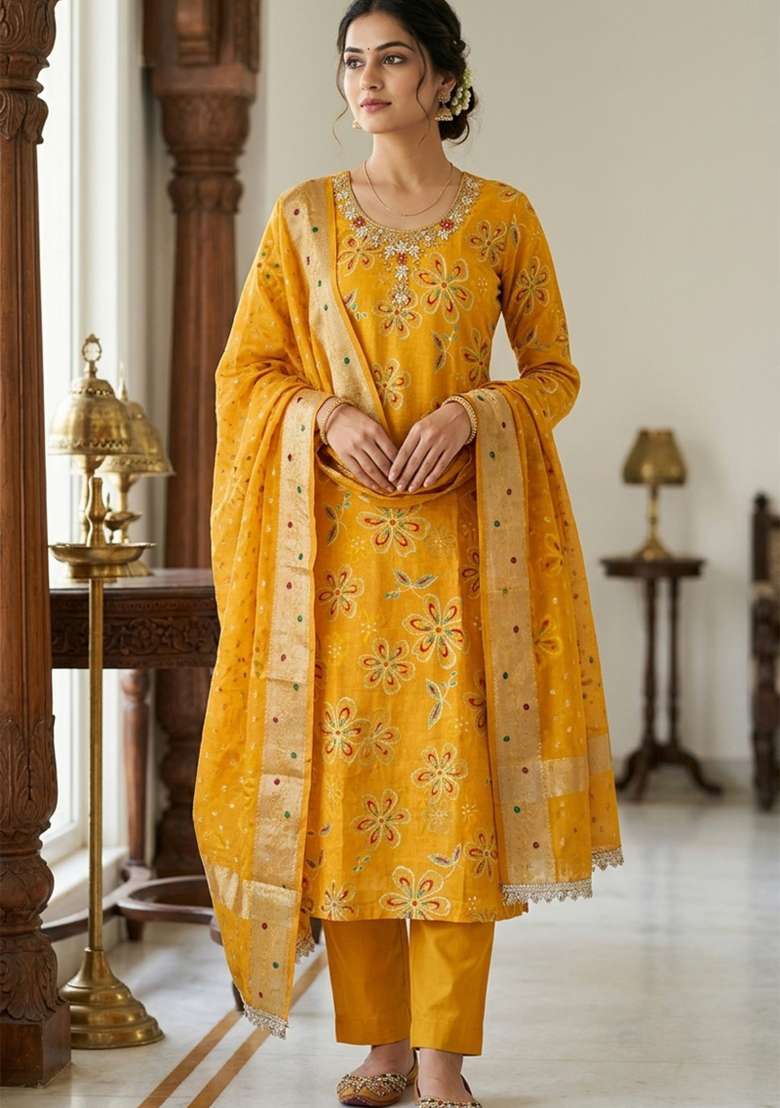 Yellow Printed Cotton Material Suit Set - Indya