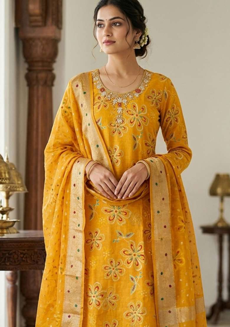 Yellow Printed Cotton Material Suit Set - Indya