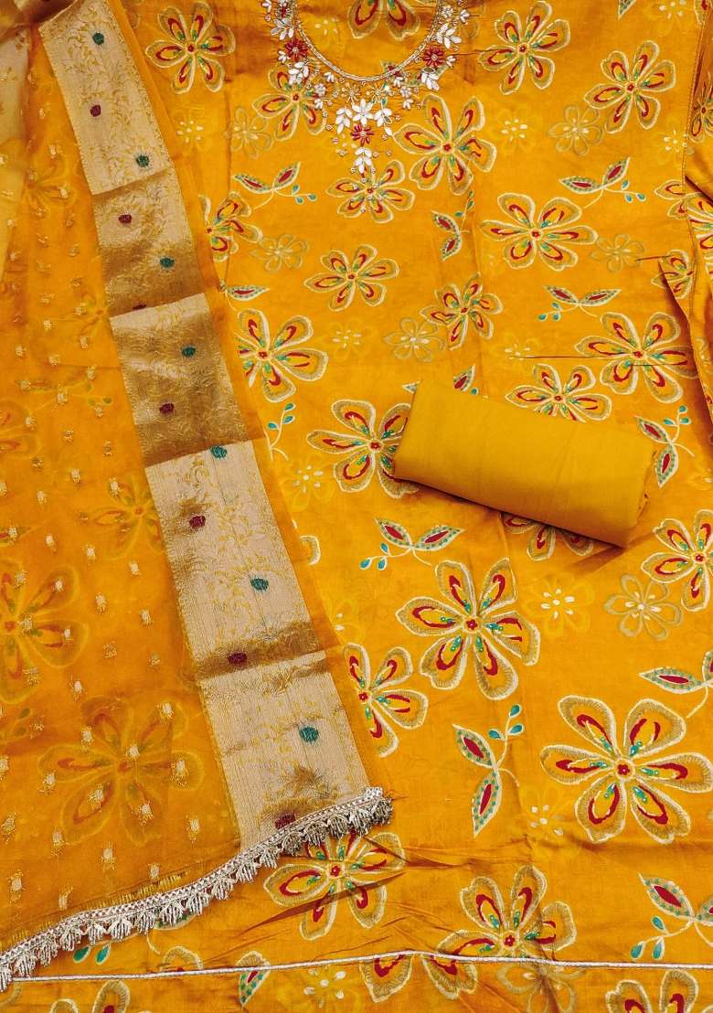 Yellow Printed Cotton Material Suit Set - Indya