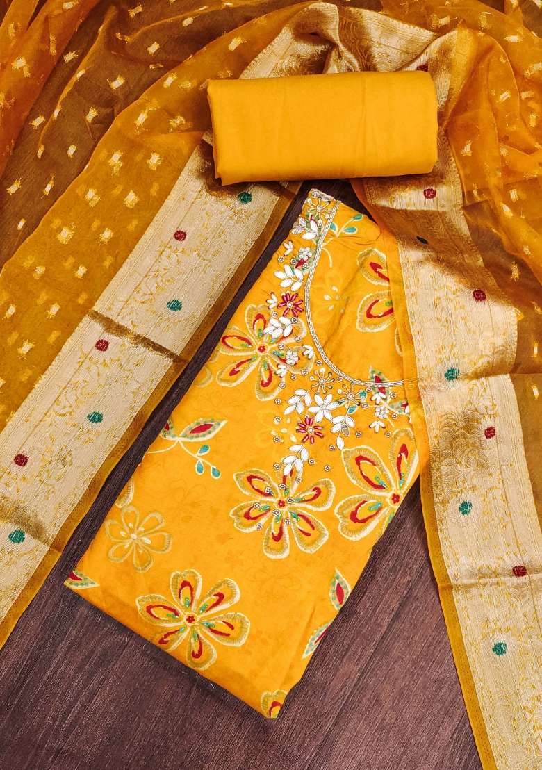 Yellow Printed Cotton Material Suit Set - Indya