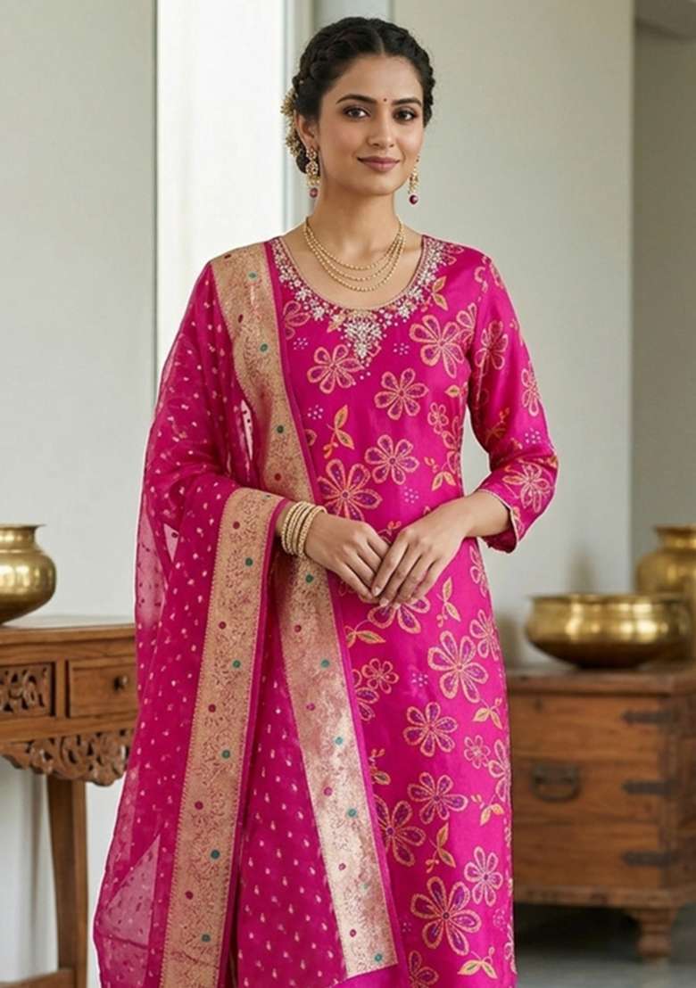 Pink Printed Cotton Material Suit Set - Indya