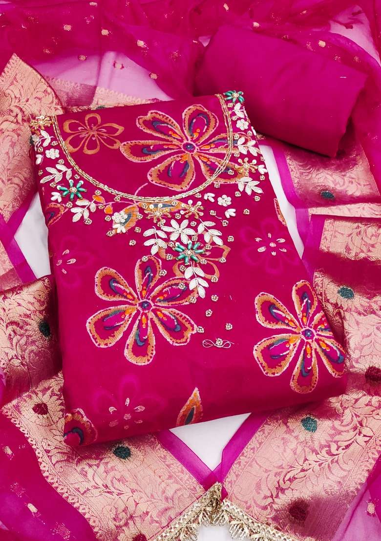 Pink Printed Cotton Material Suit Set - Indya