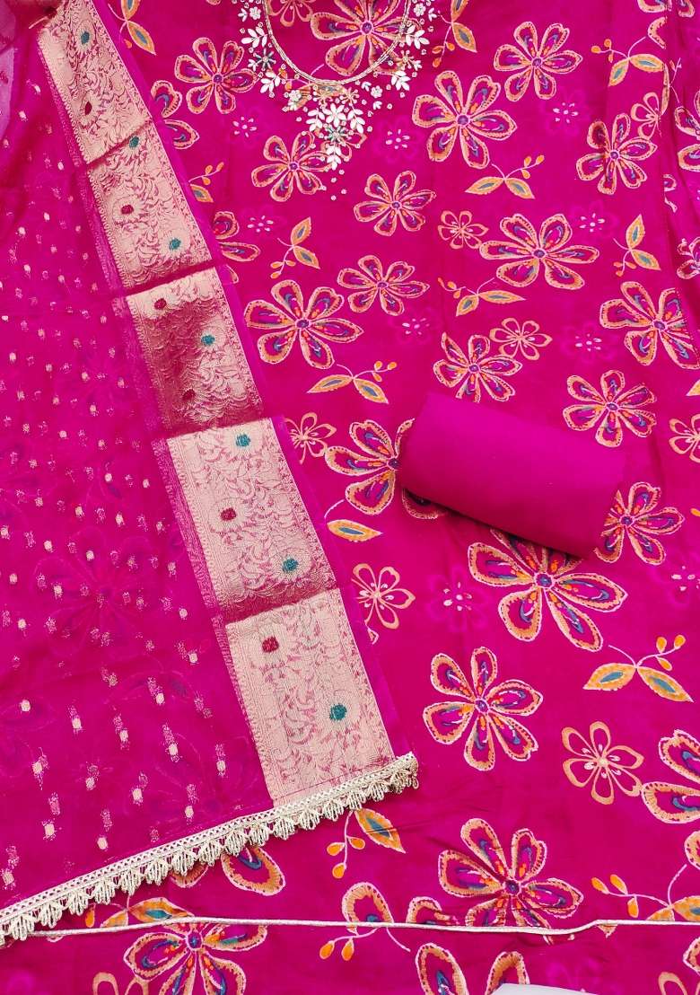 Pink Printed Cotton Material Suit Set - Indya