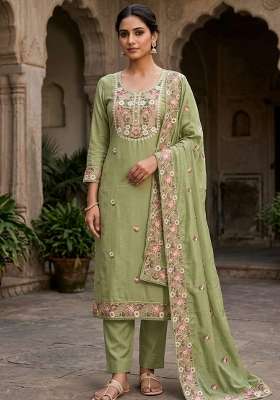 Light Green Embroidery Silk Material Suit Set