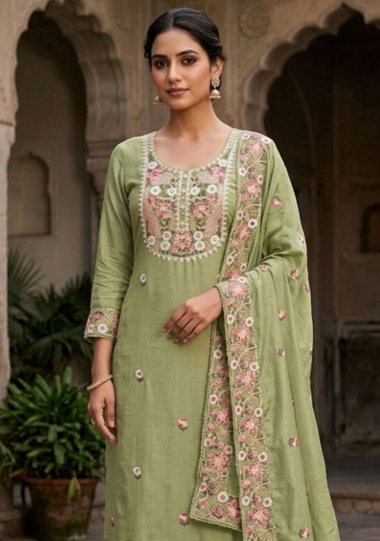 Light Green Embroidery Silk Material Suit Set - Indya
