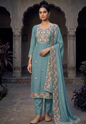 Sea Green Embroidery Silk Material Suit Set