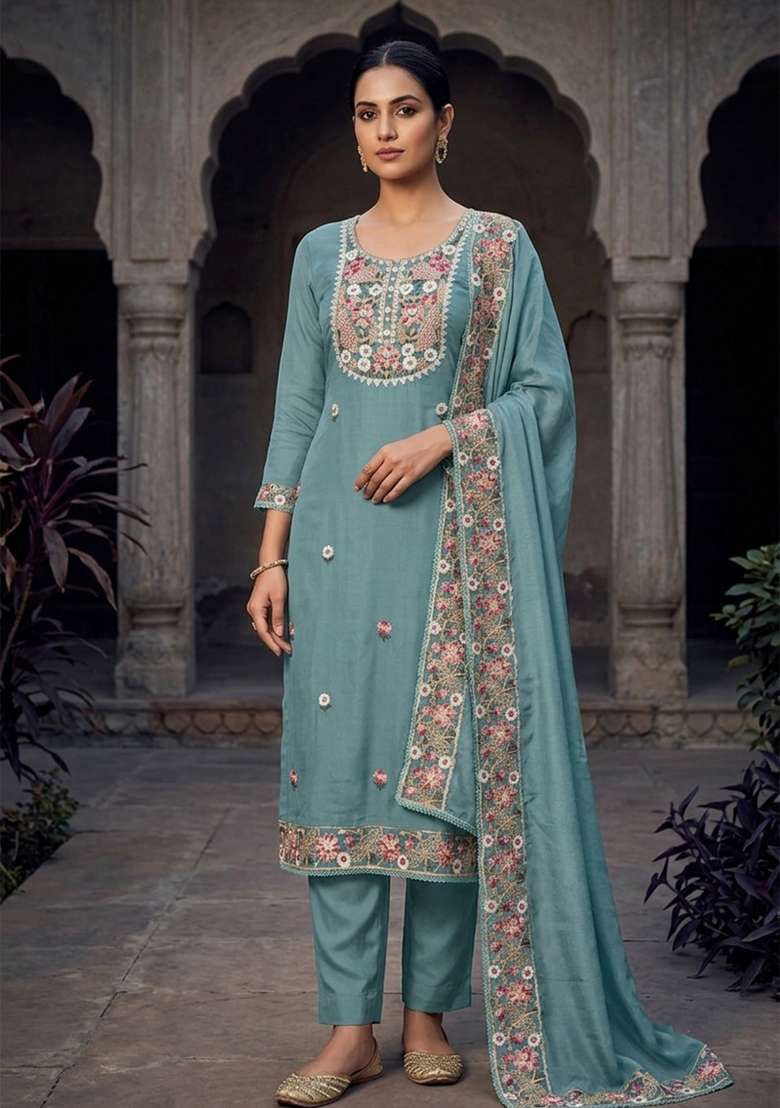 Sea Green Embroidery Silk Material Suit Set - Indya