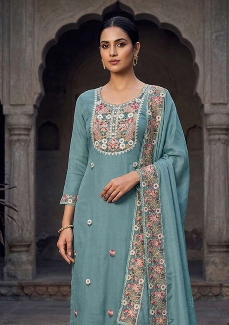 Sea Green Embroidery Silk Material Suit Set - Indya
