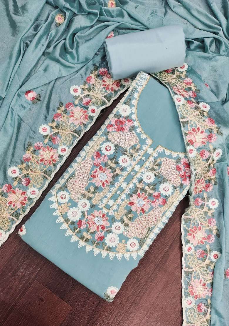Sea Green Embroidery Silk Material Suit Set - Indya