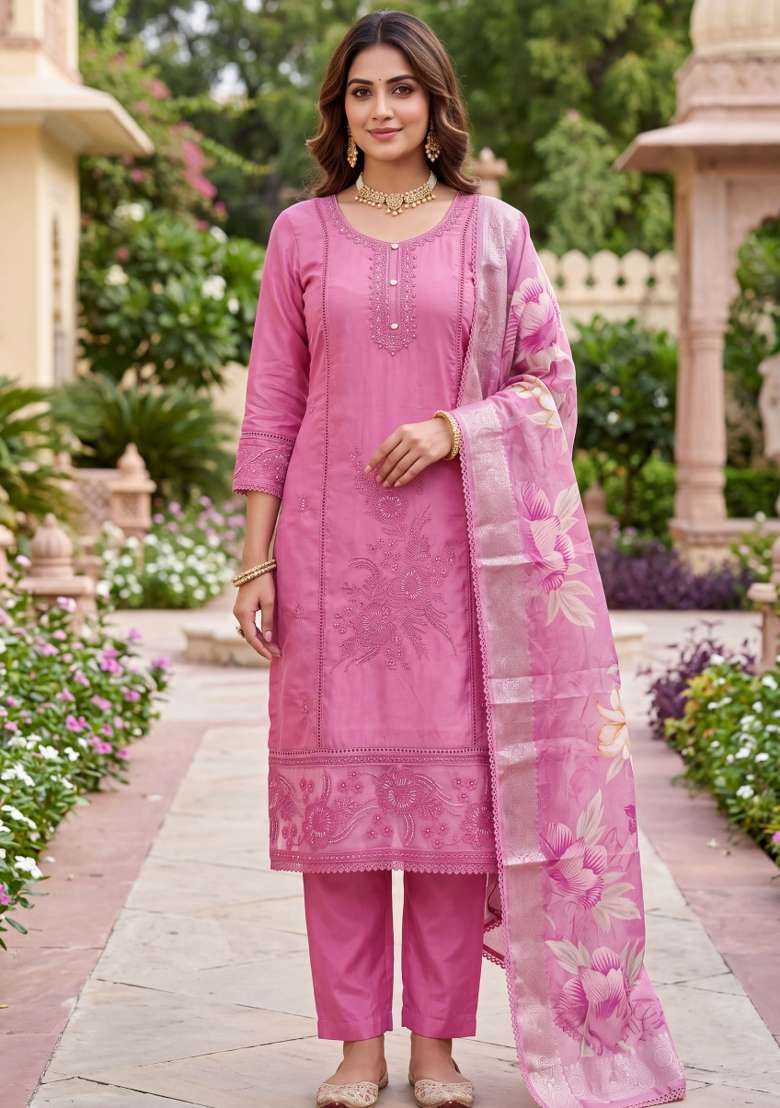 Pink Embroidery Organza Material Suit Set - Indya