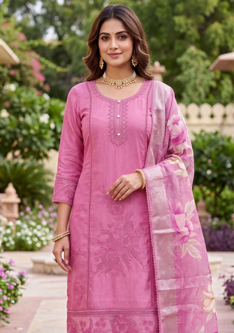 Pink Embroidery Organza Material Suit Set - Indya