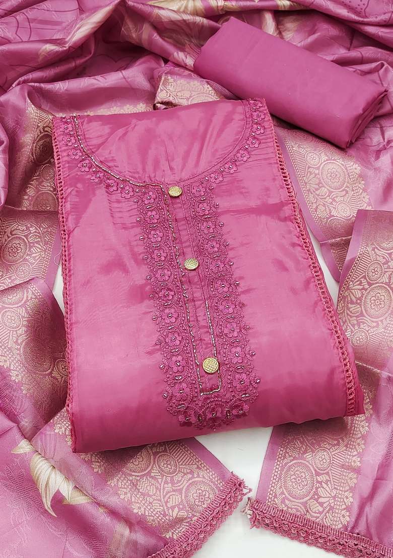 Pink Embroidery Organza Material Suit Set - Indya