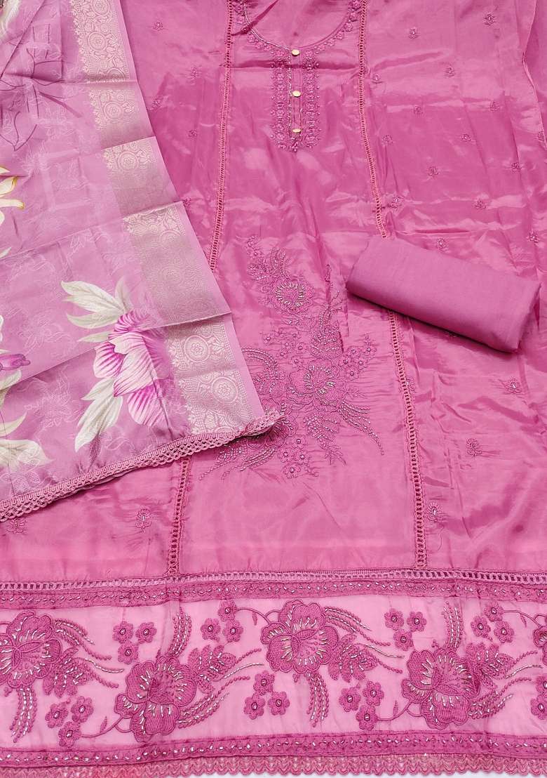Pink Embroidery Organza Material Suit Set - Indya
