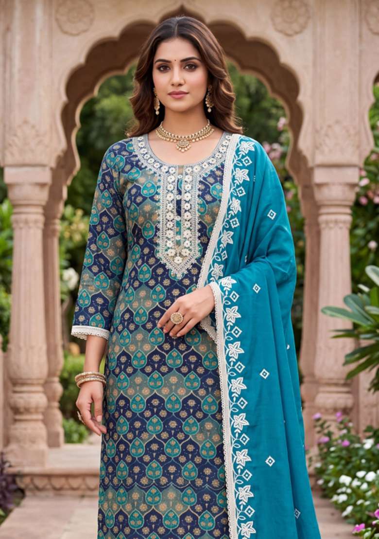 Multicolor Embroidery Silk Material Suit Set - Indya