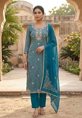 Blue Embroidery Cotton Material Suit Set